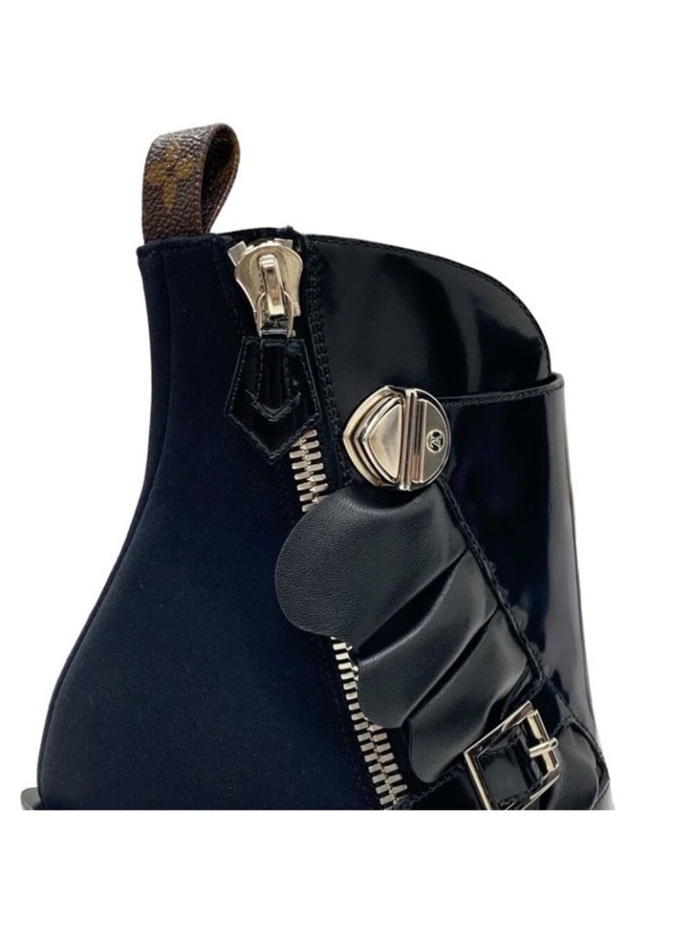 Louis Vuitton Boots Short Shoes Leather Fabric Black Silver Belt Ruffle - Picture 9 of 9